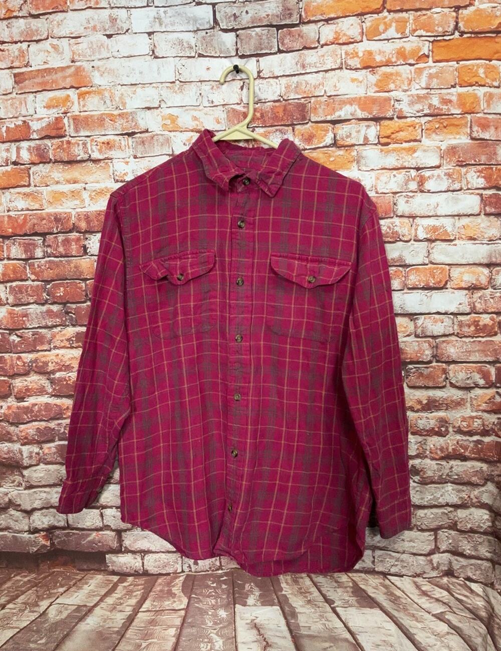 BuiltRite Flannel Work Shirt Mens Small Pink Plaid 100 Cotton Button Up